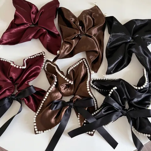 Scrunchie in Cotone Satin Stile Francese Vintage Con Perla Artificiale Grande Fiocco Elastico per Capelli Donna Elegante Accessorio