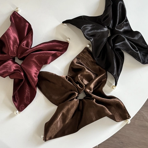 Scrunchie in Cotone Satin Stile Francese Vintage Con Perla Artificiale Grande Fiocco Elastico per Capelli Donna Elegante Accessorio