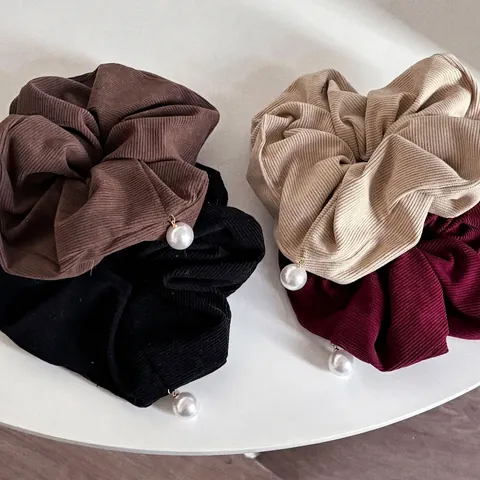 Elastico per Capelli Grande in Velluto a Coste Vintage Con Ciondolo in Perla Artificiale Retro Tessuto a Righe Elegante