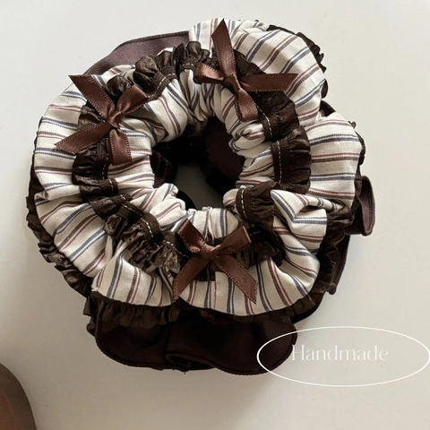 Damen Vintage Braun Gestreift Scrunchie Mit Bogen Große Elastische Haargummi Handgemachte Stoff Haarring Elegante Haarschmuck