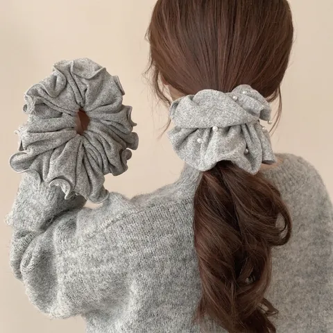 Coletero de Punto Extragrande para Mujer Goma de Pelo de Punto Gris Jaspeado Con Decoración de Perlas Artificiales Cuerda de Pelo Elástica