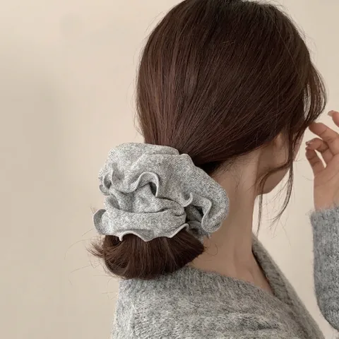 Coletero de Punto Extragrande para Mujer Goma de Pelo de Punto Gris Jaspeado Con Decoración de Perlas Artificiales Cuerda de Pelo Elástica