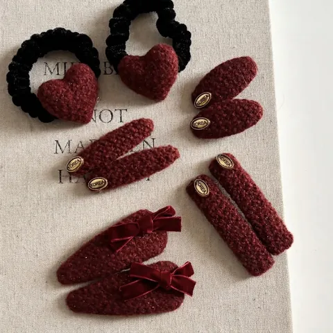 Elegante Wijnrode Wollen Haarclips Mode OL Stijl Handgemaakte Strik Eendenbek Clip Metalen Label Haaraccessoires Dames