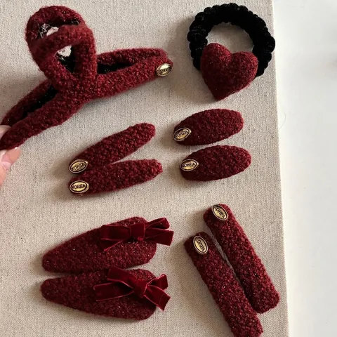Elegante Wijnrode Wollen Haarclips Mode OL Stijl Handgemaakte Strik Eendenbek Clip Metalen Label Haaraccessoires Dames