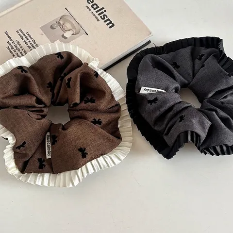 Fashion Women Bow Pattern Pleated Lace Edge Scrunchie Large Hair Tie Handmade Cloth Hair Ring For Daily Commuting Jewelry