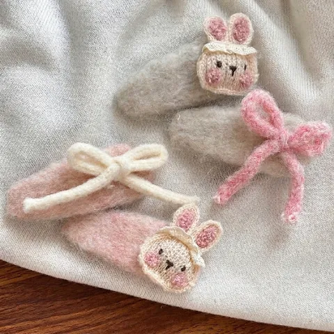 Handgefertigte Plüsch Hase Schleife Haarklammern Für Damen Mädchen Süß Rosa Weiß Gehäkelte Häschen Schleifenknoten BB Haarspangen