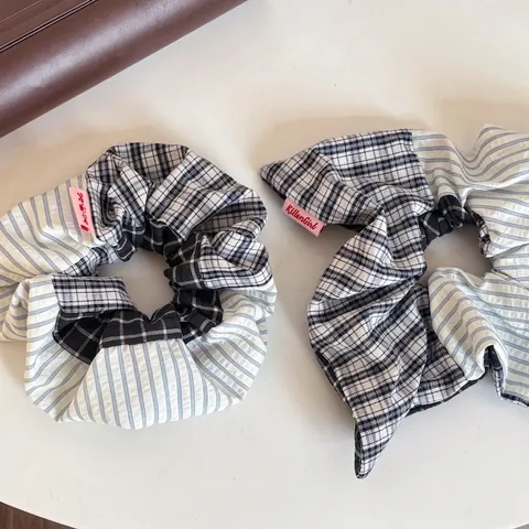 Retro Μπλε Patchwork Λαστιχάκι Μαλλιών Ύφασμα Ριγέ Καρό Για Γυναίκες Vintage Μόδα Μετακίνησης Αξεσουάρ Μαλλιών