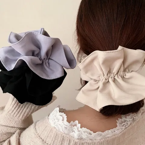French Style Double Layer Large Scrunchie Ruched Fabric Hair Tie Elegant Solid Color Elastic Ponytail Holder For Women