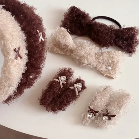 Plush Bow Hair Clip And Rhinestone Hairband And Fuzzy Hair Tie For Women Sweet Winter Fashion Hair Accessories Khaki Beige
