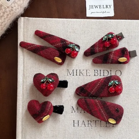 Barrette à Cheveux Plaid Rouge Style Académie Française Cerise Décor Vintage Tissu Pince BB Femme Accessoires Cheveux