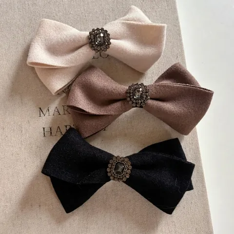 Pince à Cheveux Nœud en Laine Vintage Élégante avec Strass Clip à Ressort Épingle à Cheveux Style Coréen pour Femmes