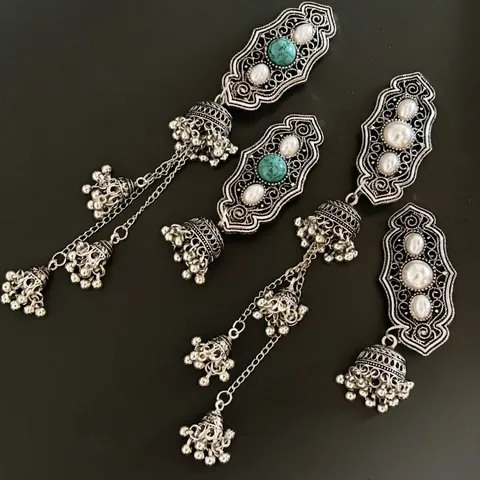 Fermaglio per Capelli Etnico Vintage in Lega con Strass e Nappa per Donna Argento Antico Cavo Stile Jhumka Perla Artificiale