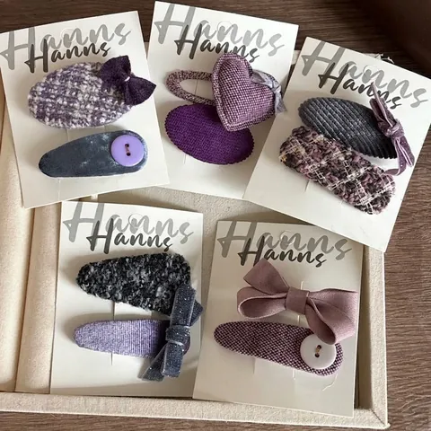 Set di Fermagli per Capelli a Forma di Cuore e Fiocco in Tessuto Viola Stile Coreano Fatti a Mano in Tweed a Coste per Bambini