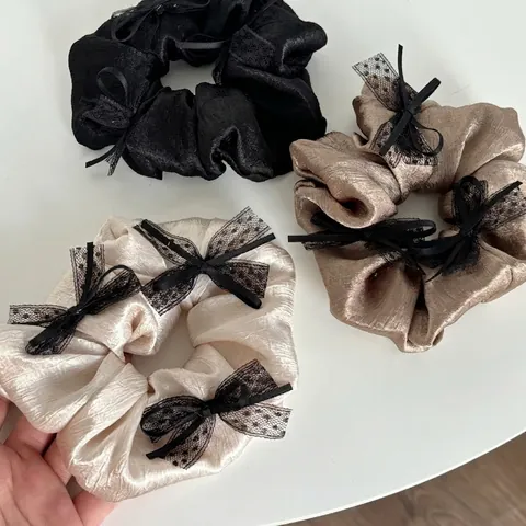 French Style Satin Lace Bow Scrunchie Elegant Khaki Hair Tie For Women Handmade Vintage Polka Dot Bowknot Hair Accessory
