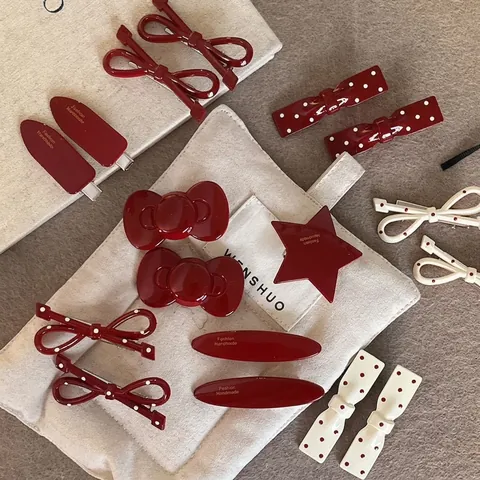 French Sweet Red Bow Hair Clip For Girls Elegant Star Polka Dot Duckbill Clip Handmade Fashion Hair Accessory For Women