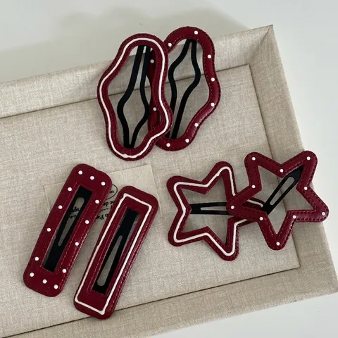 Pinzas para el Cabello de Cuero Rojo Ankara Vintage Nube Estrella Cuadrado Rojo Vino Lunares Rayas Clips Laterales BB para Mujer Accesorios