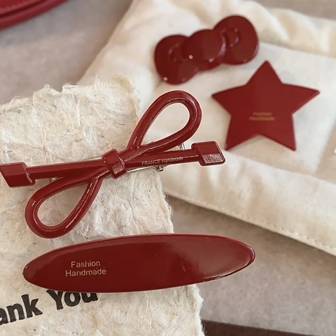 French Sweet Red Bow Hair Clip For Girls Elegant Star Polka Dot Duckbill Clip Handmade Fashion Hair Accessory For Women