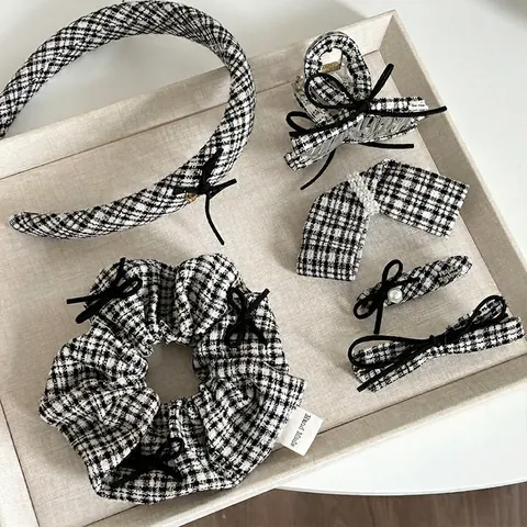 Fermaglio per Capelli con Fiocco Plaid Pied de Poule Bianco Nero Vintage Francese Con Perla Artificial Elastico Fatto a Mano Donna