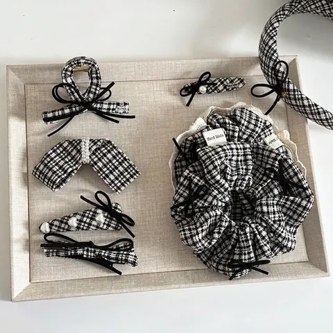Fermaglio per Capelli con Fiocco Plaid Pied de Poule Bianco Nero Vintage Francese Con Perla Artificial Elastico Fatto a Mano Donna
