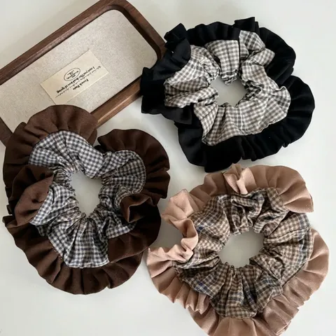 Coleteros Grandes de Doble Capa Estilo Coreano a Cuadros Patchwork Volantes Elásticos para el Cabello para Mujer Accesorios de Pelo Vintage