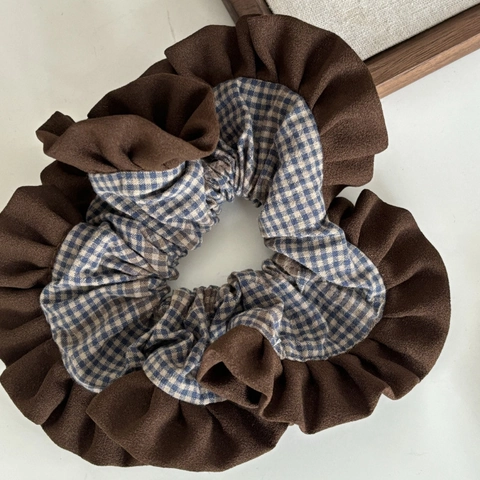 Coleteros Grandes de Doble Capa Estilo Coreano a Cuadros Patchwork Volantes Elásticos para el Cabello para Mujer Accesorios de Pelo Vintage