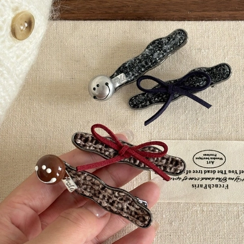 Retro Leopard Tweed Hair Clip Set Smile Face Bowknot Wave Shape Metal Alloy Hairpins For Women Daily Styling Hair Accessories