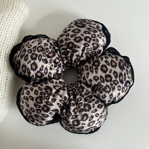 Coletero de Flores de Satén con Estampado de Leopardo Borde de Encaje Elegante Cinta para el Pelo Floral para Mujer Accesorios