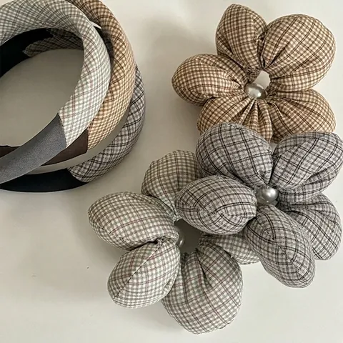 Vintage Plaid Stof Haarsband En Bloem Haarelastiekje Met Kunstparel Versiering Ruitjes Haaraccessoires Voor Dames