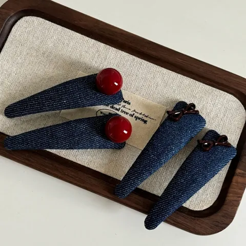 Vintage Denim Fabric Handmade Bow Knot Hair Clip Dark Blue Red Bead Sweet Style Hairstyle Decorative Accessory For Women