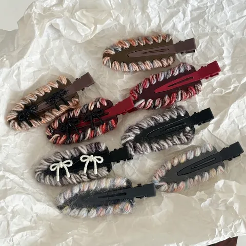 French Style Acetate Hair Clips Knitted Wool Bow Side Clip For Women Elegant Handmade Side Hairpin Fashion Commute Accessory