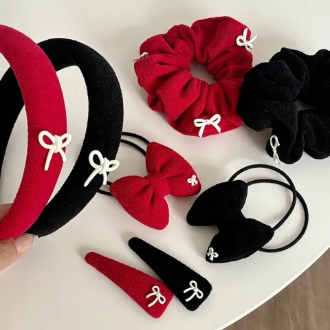 Accessori Capelli Fatti a Mano in Tessuto Set Molletta e Elastico Fiocco Rosso Nero Vintage Elegante Nodo Fiocco Donna