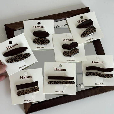 Vintage Luipaardprint Acryl Haarclips Set Bruin Kleurmatching Geometrisch Hart Ovaal Eendenbek Pony Clip Voor Dames