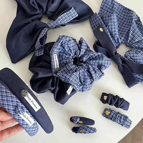 Blue Denim Plaid Hair Accessories Set For Women Fabric Bow Scrunchies Headbands Hair Clips Vintage Preppy Style Headwear