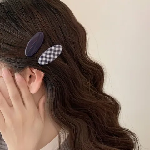 Vintage Blau Kariert Acryl Haarspangen Herz Oval Gingham Entenschnabel Clip Seite Pony Haarnadel Mode Haarschmuck Damen