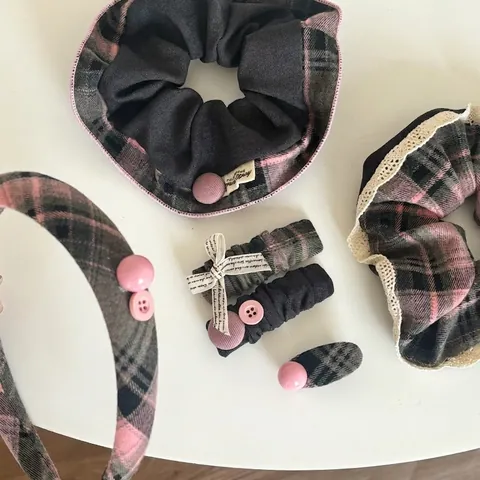 Vintage Women Pink Grey Plaid Button Hair Clip Sweet Fabric Bowknot Hairpin Checked Pattern Hair Accessory For Everyday