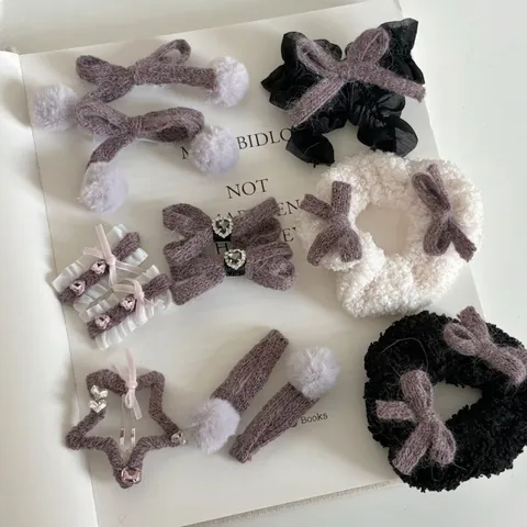 Hecho a Mano De Punto Lazo Clip de Pelo Corazón Strass Coletero Púrpura Encaje Pompon Estrella Horquilla Mujer Accesorios Pelo