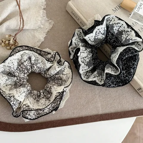 Coletero de Encaje Floral Vintage para Mujer Doble Capa Elegante Scrunchie Estilo Coreano Dulce Tela Accesorios para Pelo