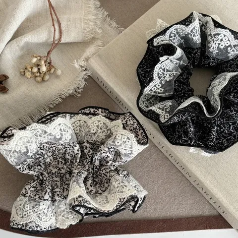 Coletero de Encaje Floral Vintage para Mujer Doble Capa Elegante Scrunchie Estilo Coreano Dulce Tela Accesorios para Pelo