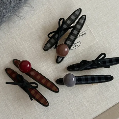 Retro Korean Plaid Fabric Wrapped Hair Clip Handmade Bow Artificial Pearl Decor Duckbill BB Clip Women Fashion Hair Accessories