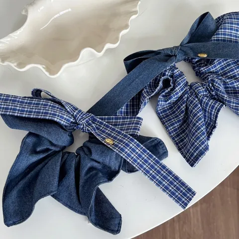 Vintage Denim Plaid Bow Scrunchies Hair Ties Set Metal Label Fabric Bowknot Ponytail Holder Headband For Women Hair Accessories