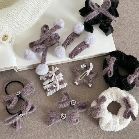 Hecho a Mano De Punto Lazo Clip de Pelo Corazón Strass Coletero Púrpura Encaje Pompon Estrella Horquilla Mujer Accesorios Pelo
