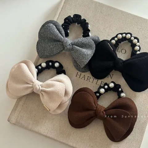 Elegante Elastico per Capelli con Fiocco in Lana e Decorazione in Perle Artificiali Scrunchie Nero ad Alta Elasticità per Donna Accessori retrò