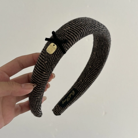 Vintage Braun Stoff Gepolstert Schleife Stirnband Für Damen Geometrisch Hahnentritt Gestreift Haarreif Mit Metallschild
