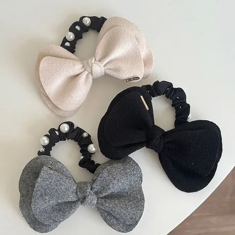 Elegante Elastico per Capelli con Fiocco in Lana e Decorazione in Perle Artificiali Scrunchie Nero ad Alta Elasticità per Donna Accessori retrò