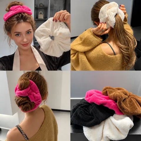Chouchous en Peluche Surdimensionnés pour Femmes Doux Polaire Corail Grands Élastiques à Cheveux Élégants pour le Lavage du Visage