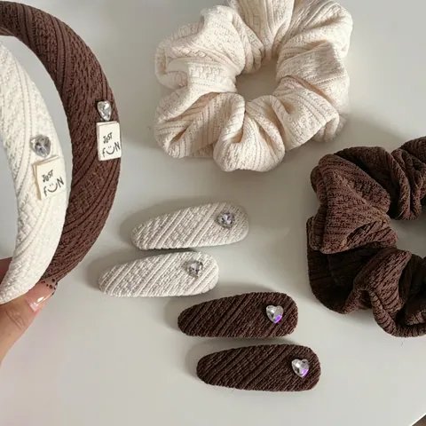 Knitted Bow Hair Clip Heart Rhinestone Headband Scrunchie Set Fabric Sweet Hair Accessories For Women Daily Headwear