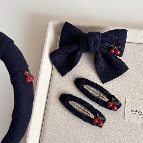 Pince à Cheveux en Tissu Cerise Bleu Marine Style Japonais Serre-tête Nœud pour Femmes Douce Cerise Rouge Accessoires Faits à la Main