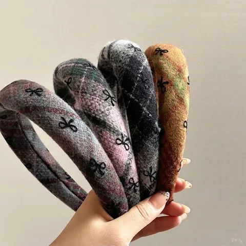 Retro Plaid Woolen Cloth Headband For Women Thickened Sponge Bowknot Hair Band Classic Argyle Pattern Handmade Hair Accessories