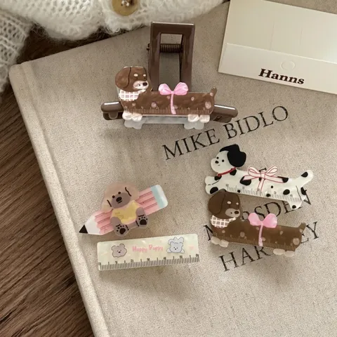 Dolce Fermaglio per Capelli a Forma di Cucciolo di Cane in Acrilico con Righello Stile Cancelleria per Donna Ragazza