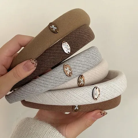 Vintage Woolen Bow Padded Headband For Women Elegant Solid Color Sponge Hair Hoop French Style Thickened Autumn Winter Hair Accessories